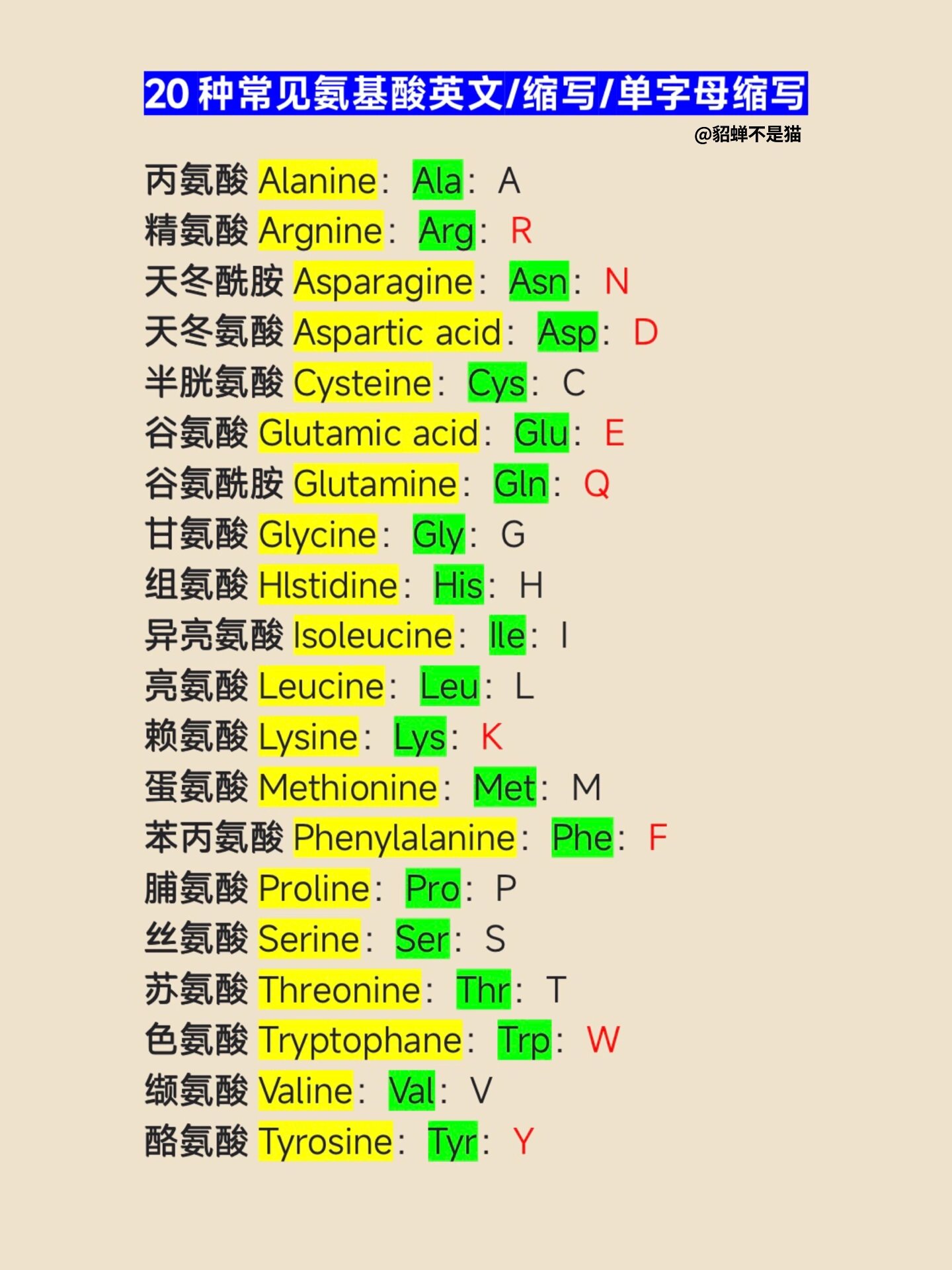 二十种氨基酸缩写图片