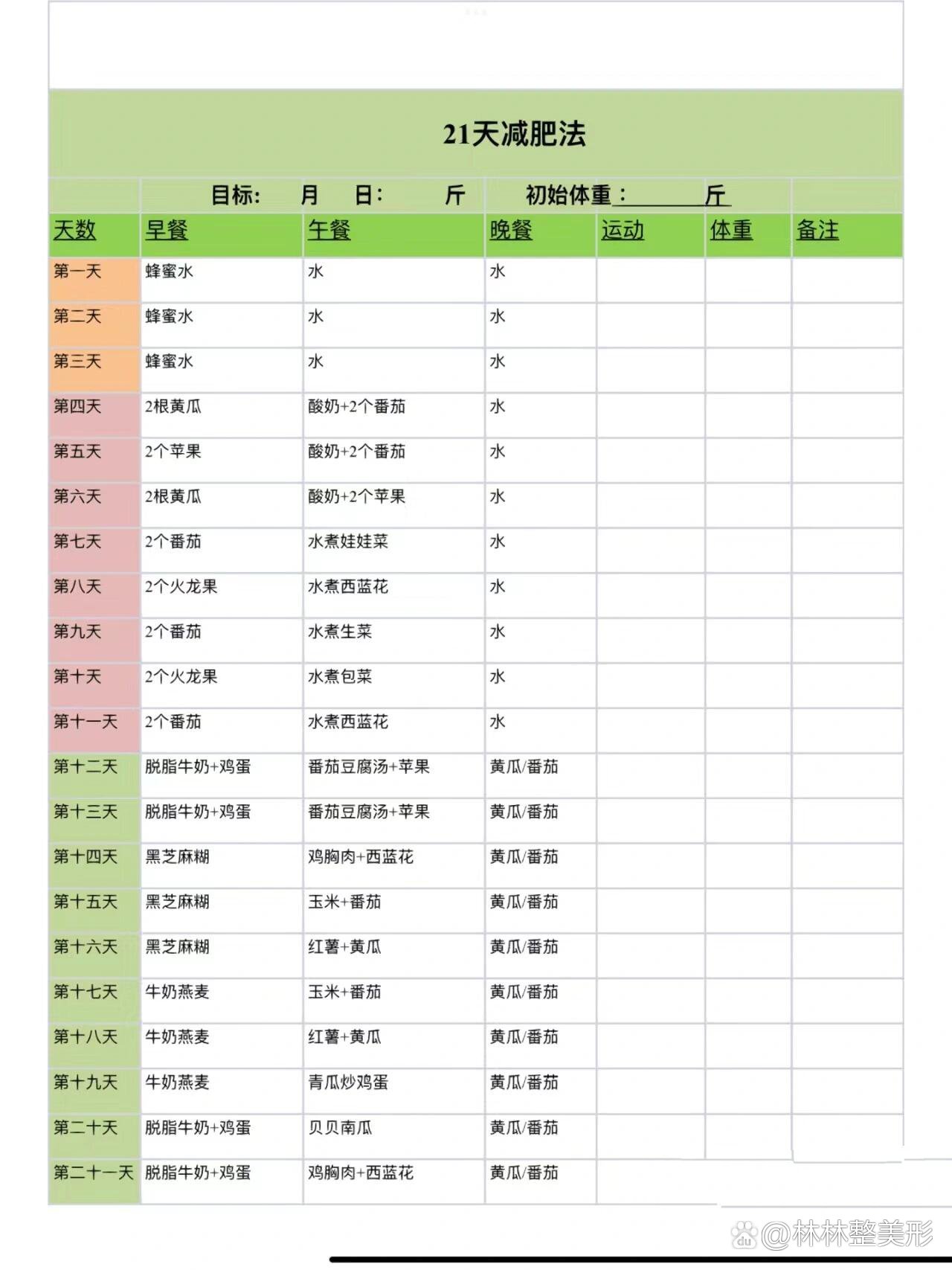 减肥计划表格式图图片