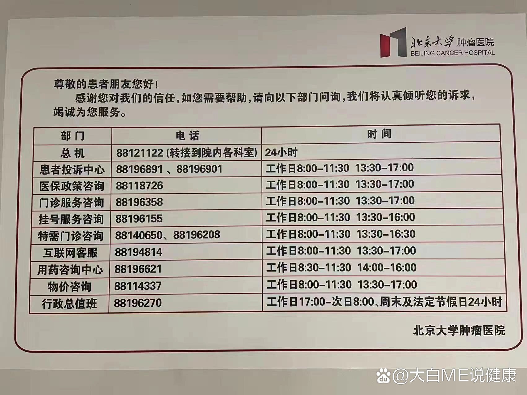 北京大学肿瘤医院各科室电话