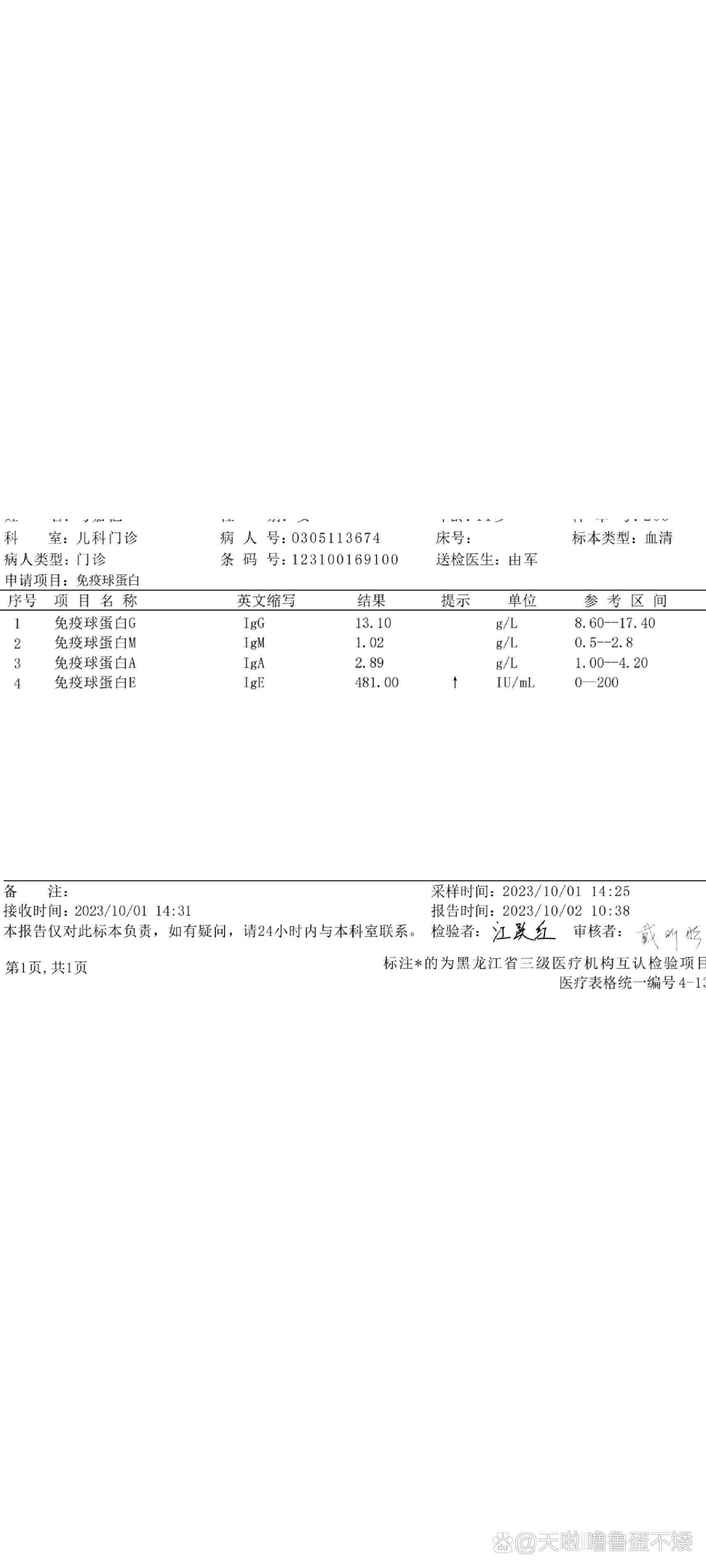 免疫球蛋白化验单图片