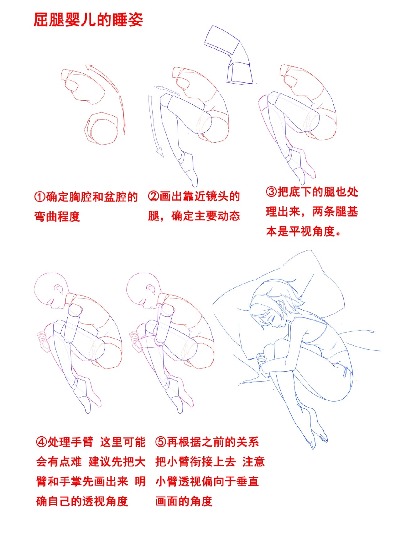 整理了些不同角度睡姿的画法,希望能帮到大家!