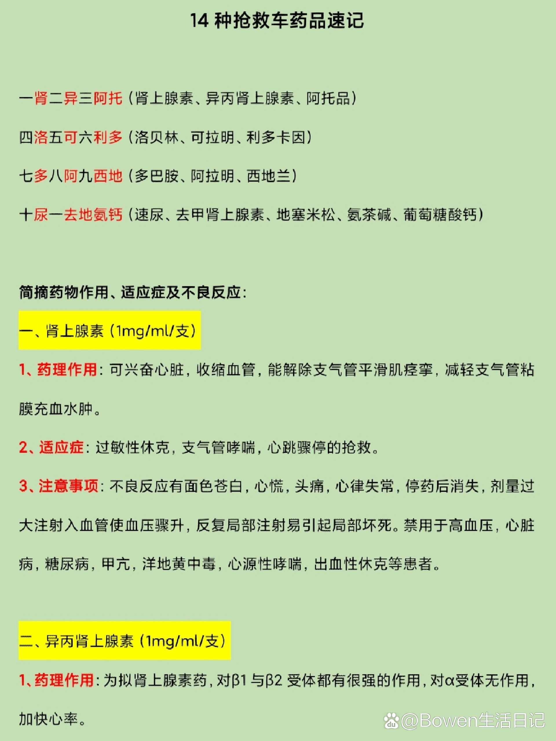 14种抢救车药品97记忆口诀