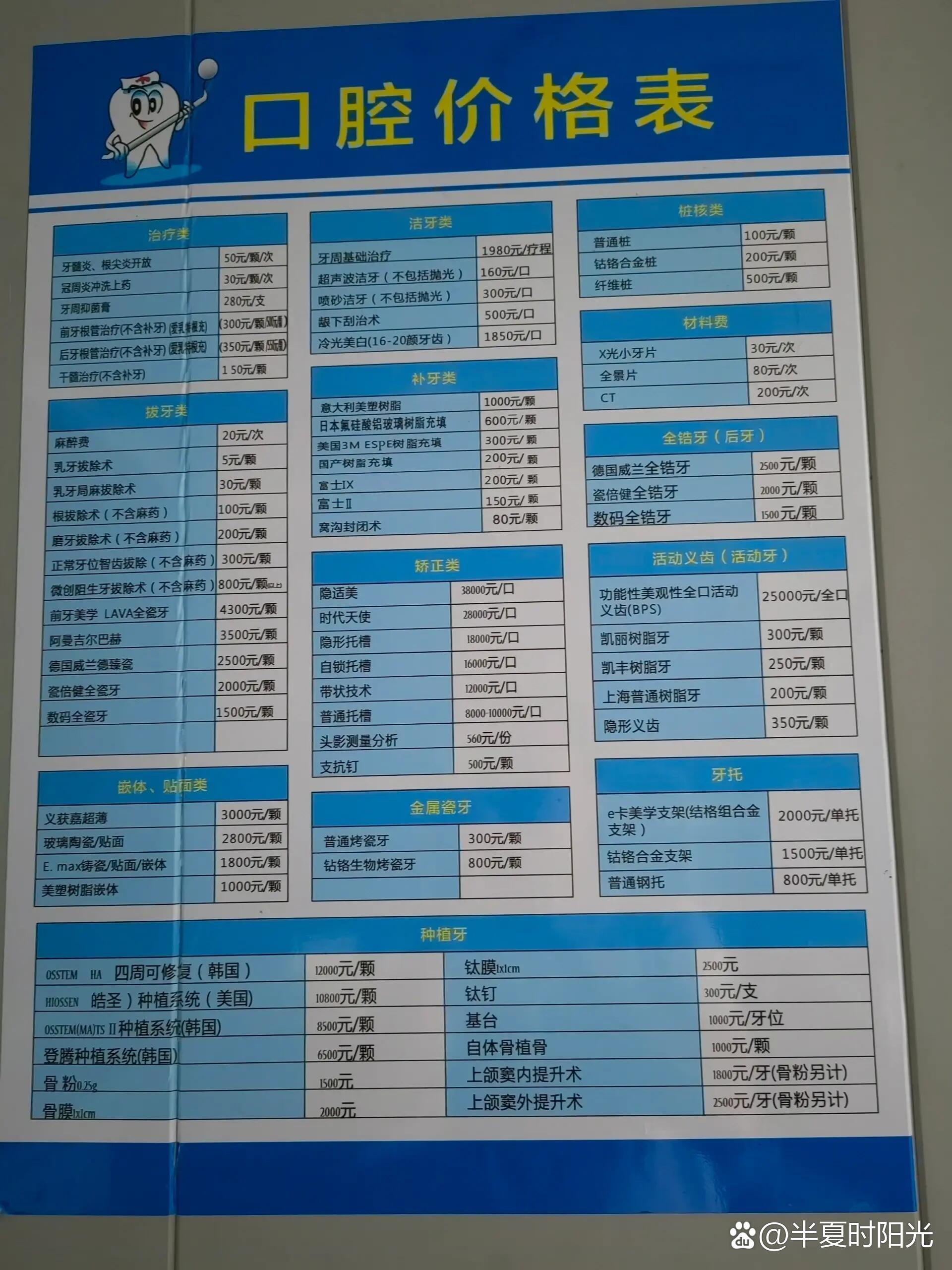 大连牙科收费价目表图片