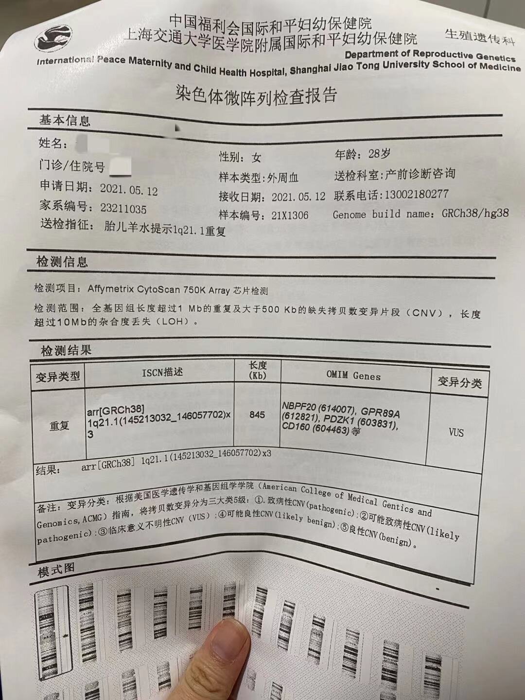 今天去国妇婴拿了我和老公的基因芯片报告和孩子的染色体核型报告
