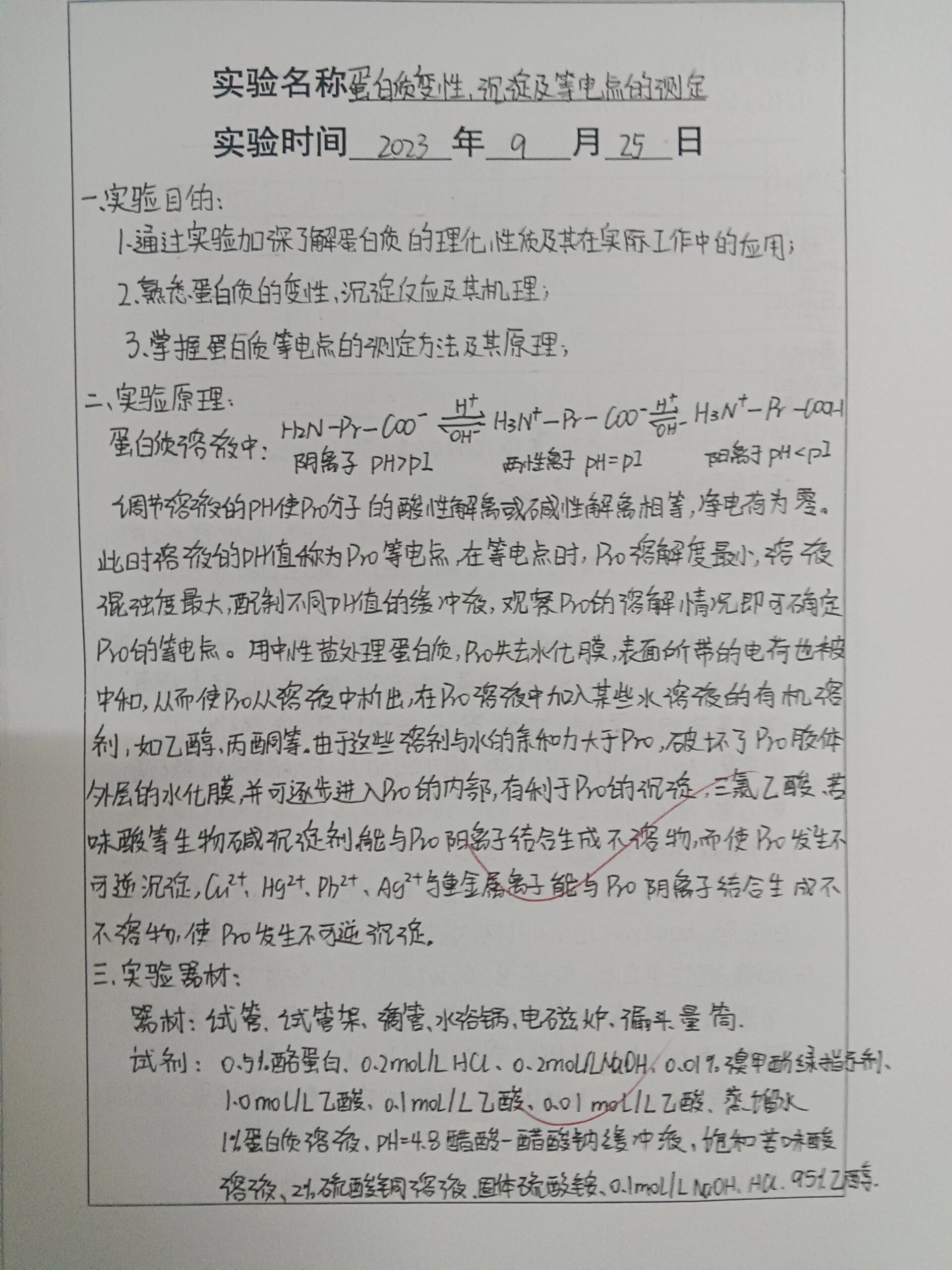 蛋白质变性,沉淀及等电点的测定实验报告