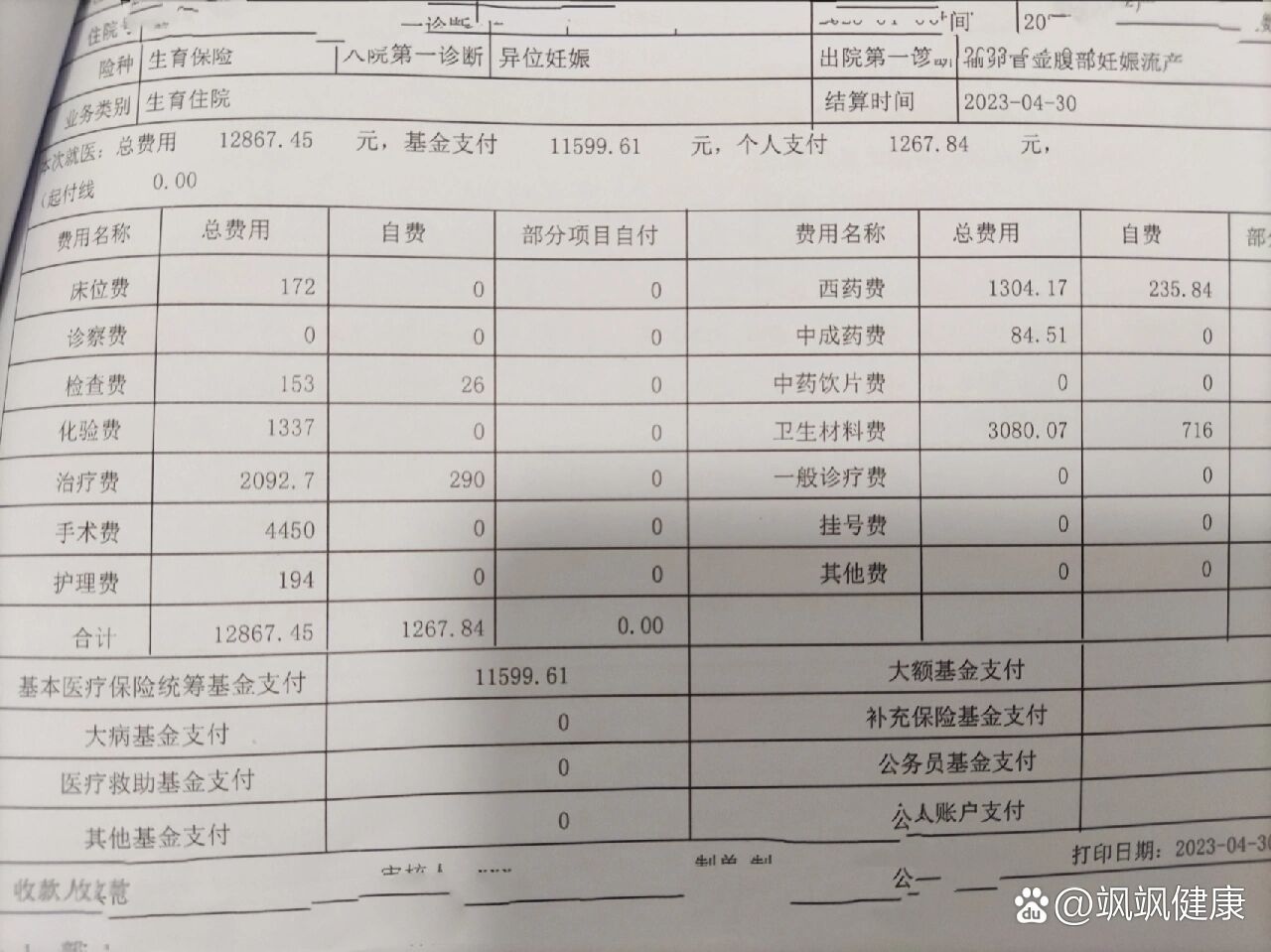 宫外孕手术收费单图片