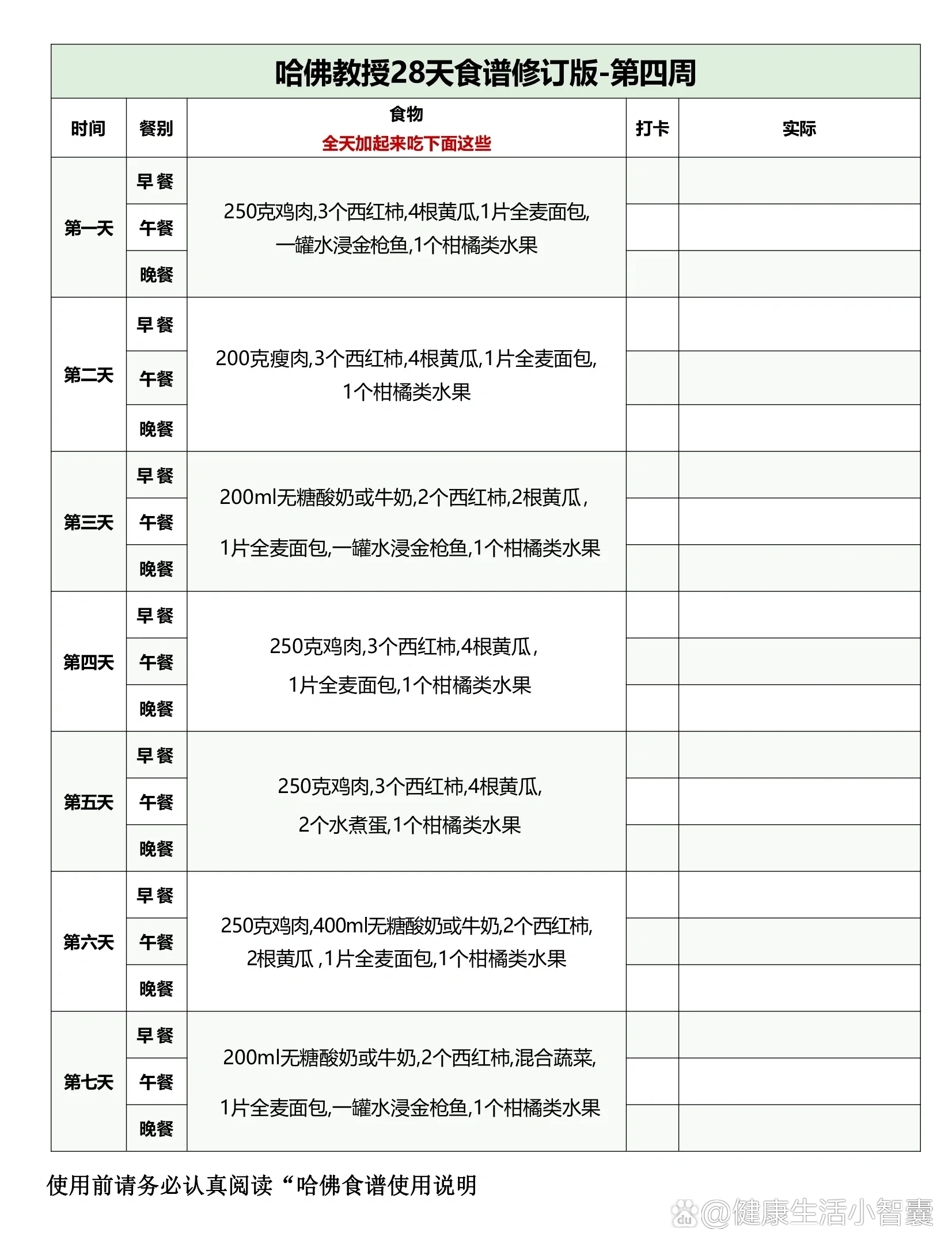 自制哈佛28减肥打卡表