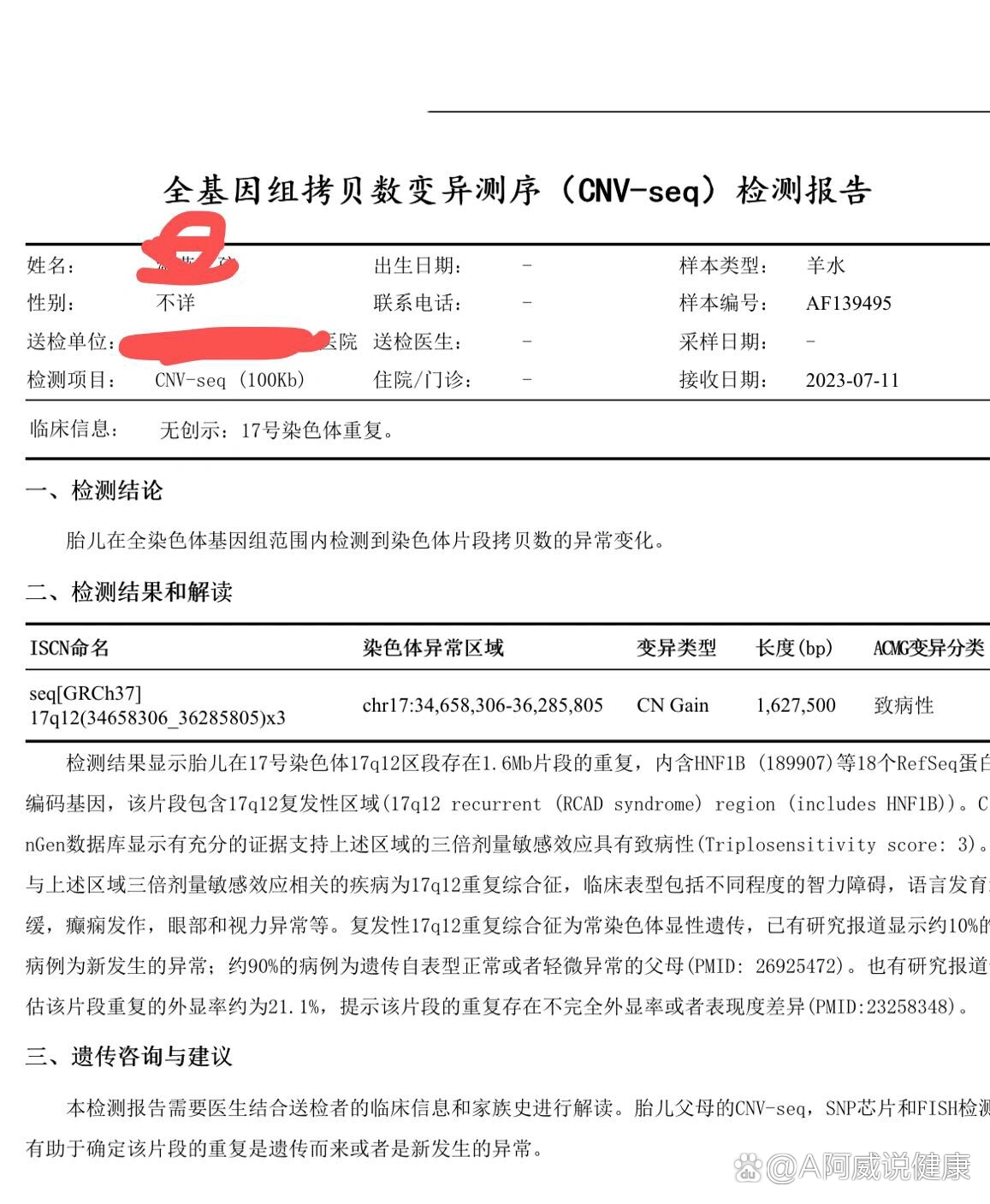 羊穿显示17号染色体重复