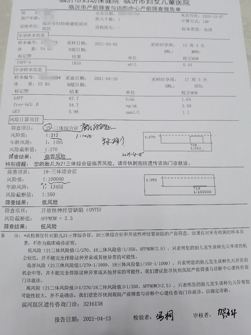 唐筛21-三体综合征临界风险,当时有点懵,后来医生让做无创或者羊水