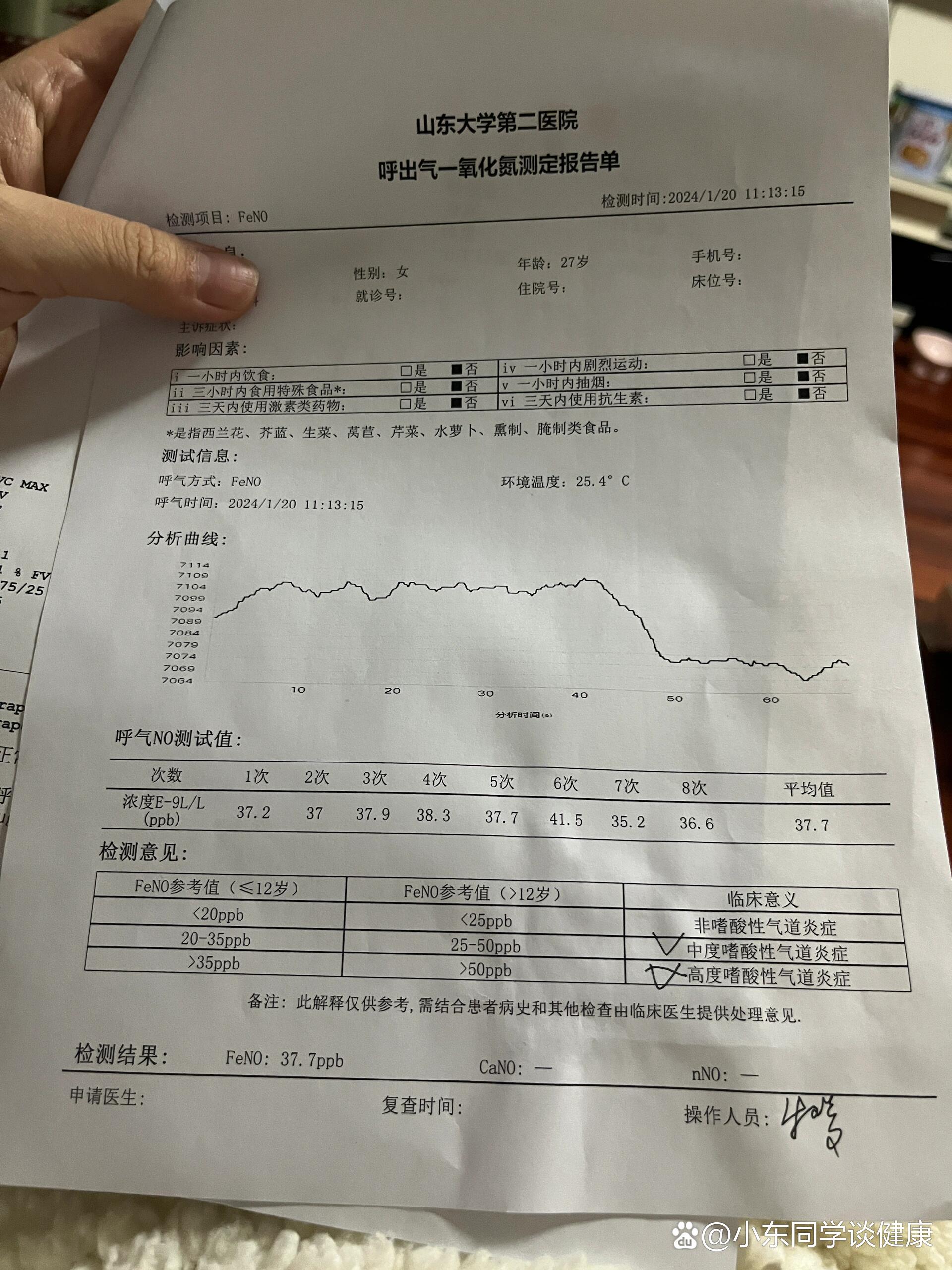 做了肺功能检测,显示轻度阻塞性通气功能障碍,舒张实验阴性,feno37