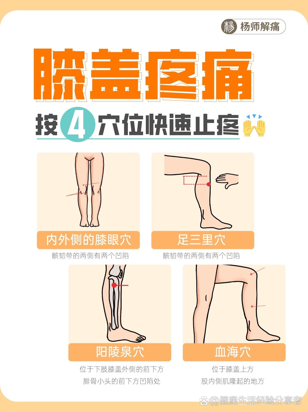 4大穴位3分钟缓解膝盖膝关节疼痛!