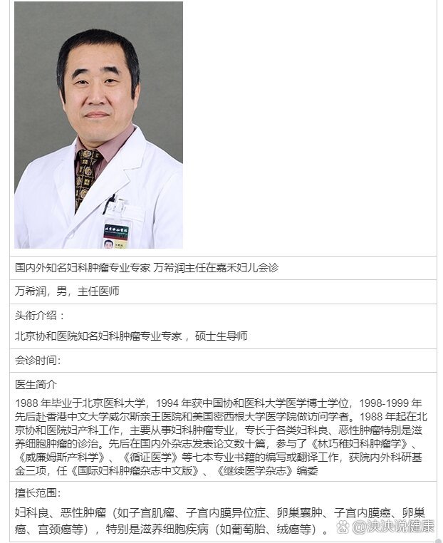  p>北京协和医院知名妇科肿瘤专业专家 万希润 br>医生简介  br>1988